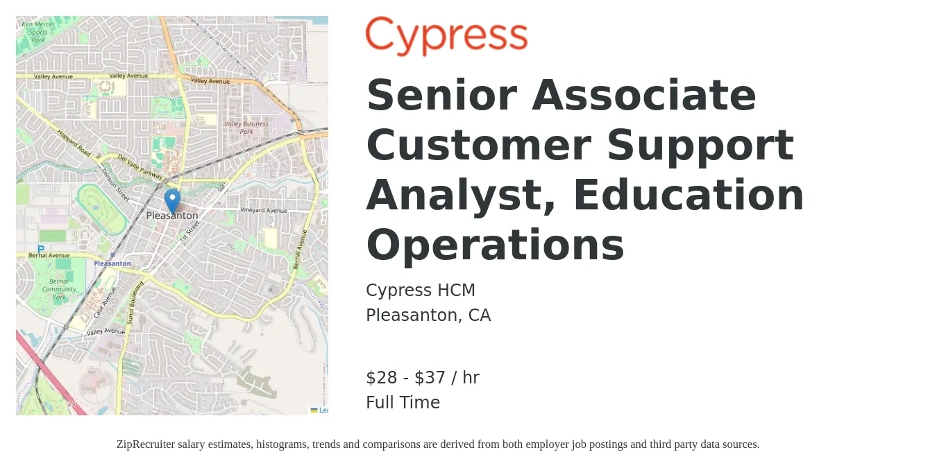 Cypress HCM job posting for a Senior Associate Customer Support Analyst, Education Operations in Pleasanton, CA with a salary of $30 to $39 Hourly with a map of Pleasanton location.