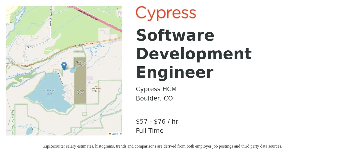 Cypress HCM job posting for a Software Development Engineer in Boulder, CO with a salary of $59 to $79 Hourly with a map of Boulder location.