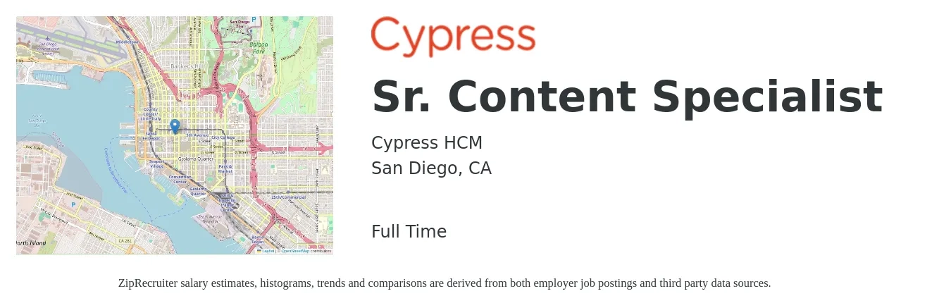 Cypress HCM job posting for a Sr. Content Specialist in San Diego, CA with a salary of $24 to $39 Hourly with a map of San Diego location.
