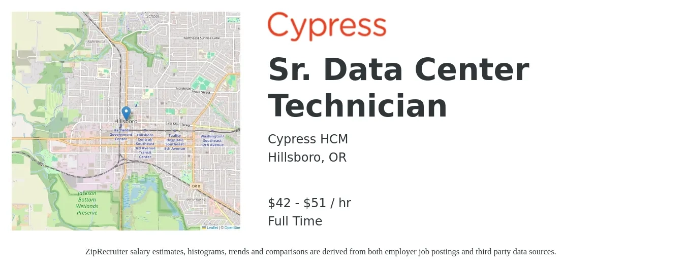 Cypress HCM job posting for a Sr. Data Center Technician in Hillsboro, OR with a salary of $40 to $55 Hourly with a map of Hillsboro location.