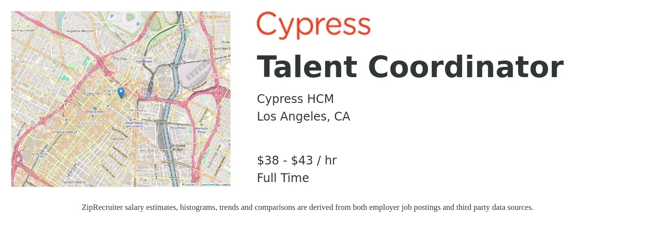 Cypress HCM job posting for a Talent Coordinator in Los Angeles, CA with a salary of $40 to $45 Hourly with a map of Los Angeles location.