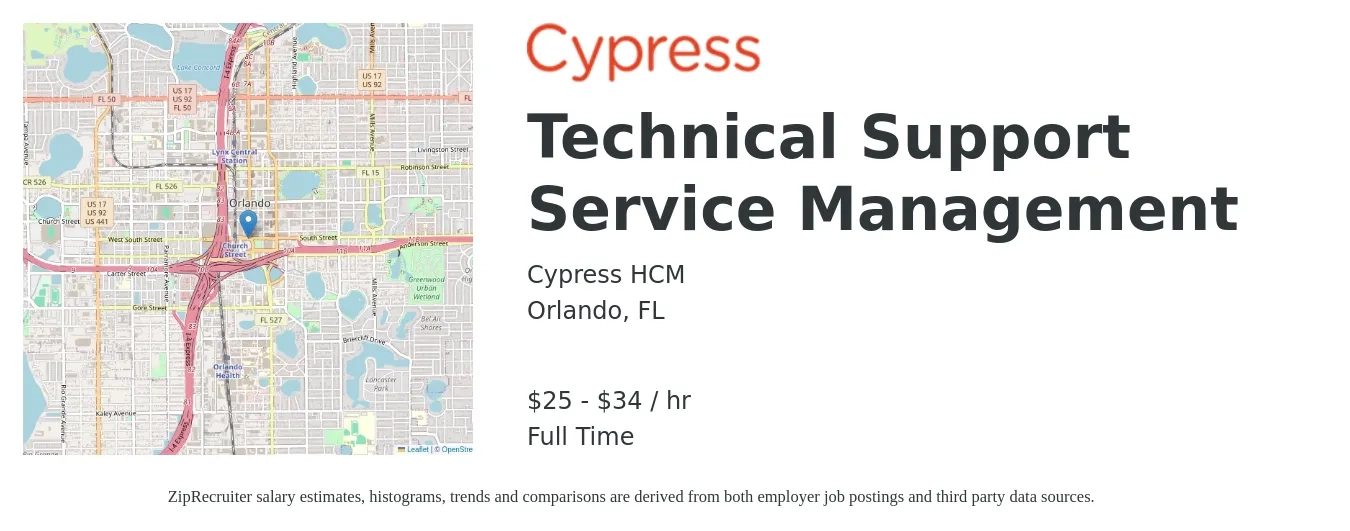 Cypress HCM job posting for a Technical Support Service Management in Orlando, FL with a salary of $26 to $36 Hourly with a map of Orlando location.