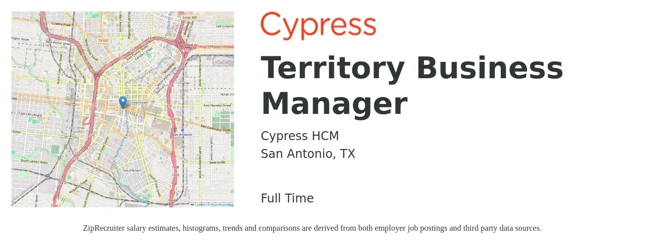 Cypress HCM job posting for a Territory Business Manager in San Antonio, TX with a salary of $58,600 to $80,700 Yearly with a map of San Antonio location.