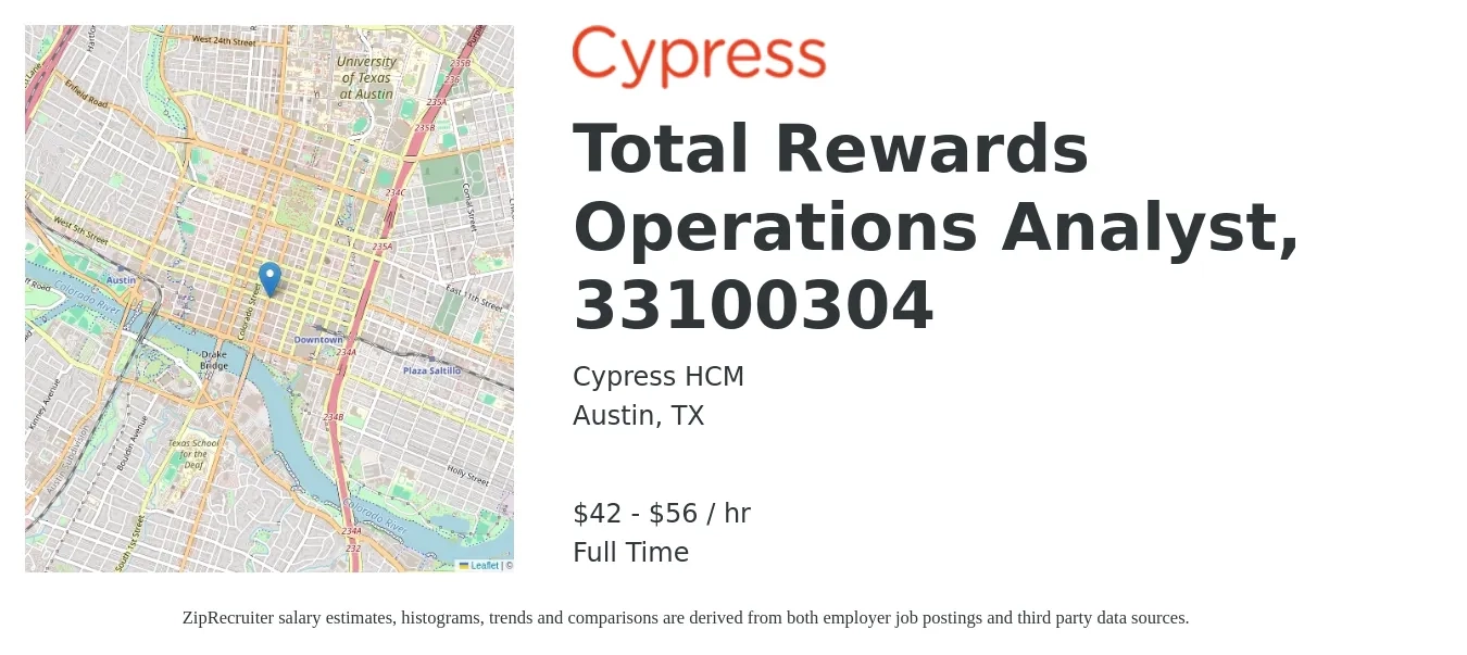 Cypress HCM job posting for a Total Rewards Operations Analyst, 33100304 in Austin, TX with a salary of $44 to $59 Hourly with a map of Austin location.