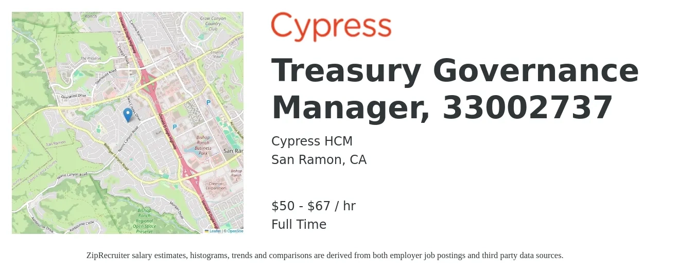 Cypress HCM job posting for a Treasury Governance Manager, 33002737 in San Ramon, CA with a salary of $53 to $70 Hourly with a map of San Ramon location.
