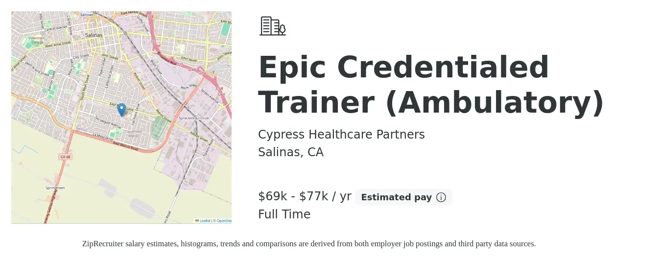 Cypress Healthcare Partners job posting for a Epic Credentialed Trainer (Ambulatory) in Salinas, CA with a salary of $69,000 to $77,000 Yearly with a map of Salinas location.