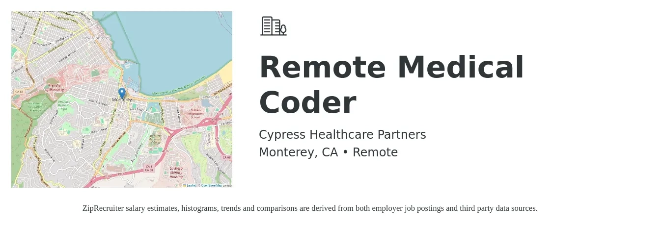 Cypress Healthcare Partners job posting for a Remote Medical Coder in Monterey, CA with a salary of $22 to $29 Hourly with a map of Monterey location.