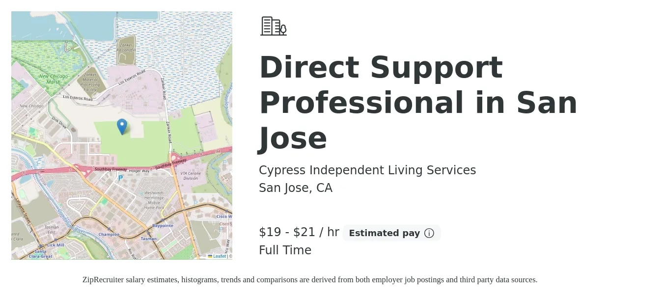 Cypress Independent Living Services job posting for a Direct Support Professional in San Jose in San Jose, CA with a salary of $20 to $22 Hourly with a map of San Jose location.