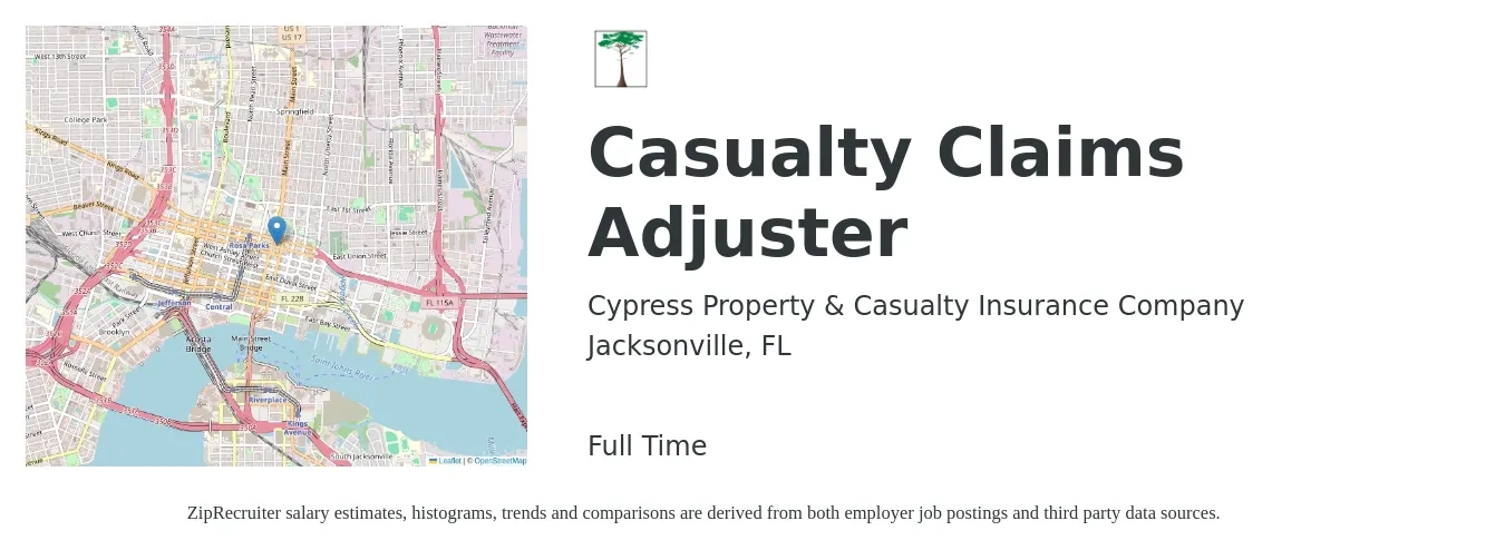 Cypress Property & Casualty Insurance Company job posting for a Casualty Claims Adjuster in Jacksonville, FL with a salary of $58,600 to $73,500 Yearly with a map of Jacksonville location.