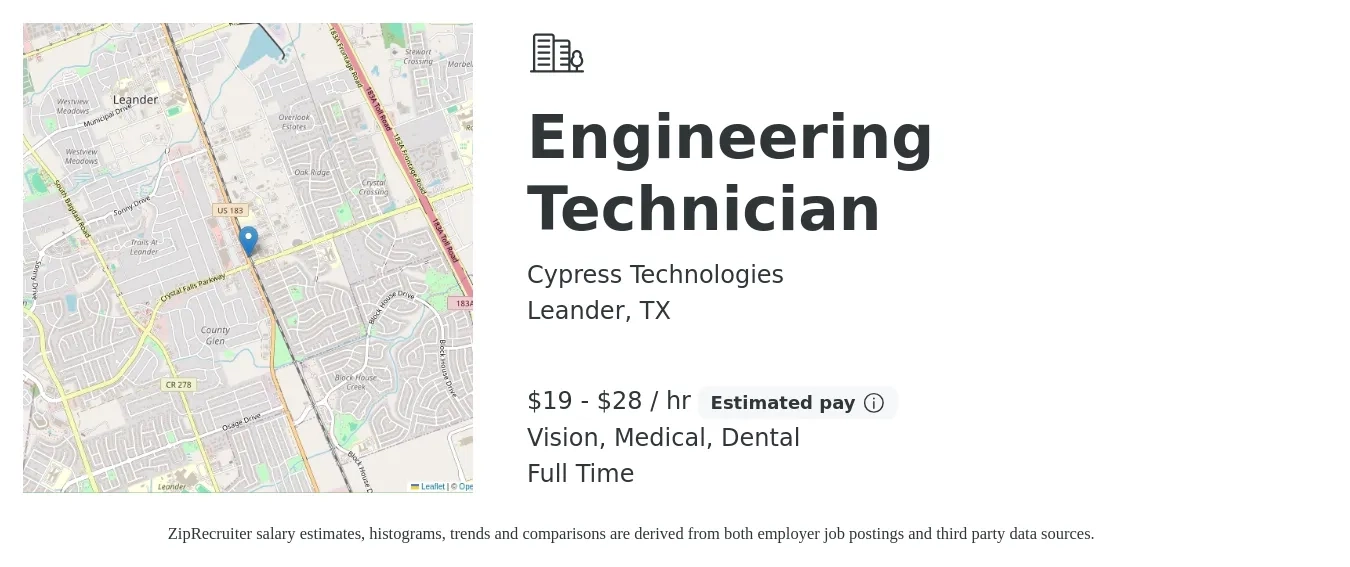 Cypress Technologies job posting for a Engineering Technician in Leander, TX with a salary of $20 to $30 Hourly and benefits including medical, retirement, vision, dental, and life_insurance with a map of Leander location.