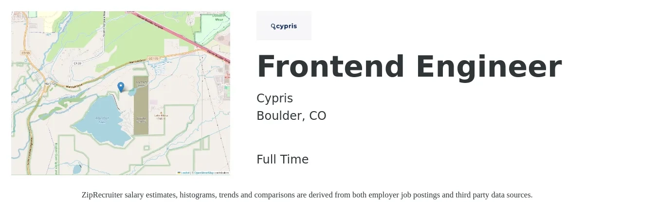 Cypris job posting for a Frontend Engineer in Boulder, CO with a salary of $117,200 to $167,500 Yearly with a map of Boulder location.