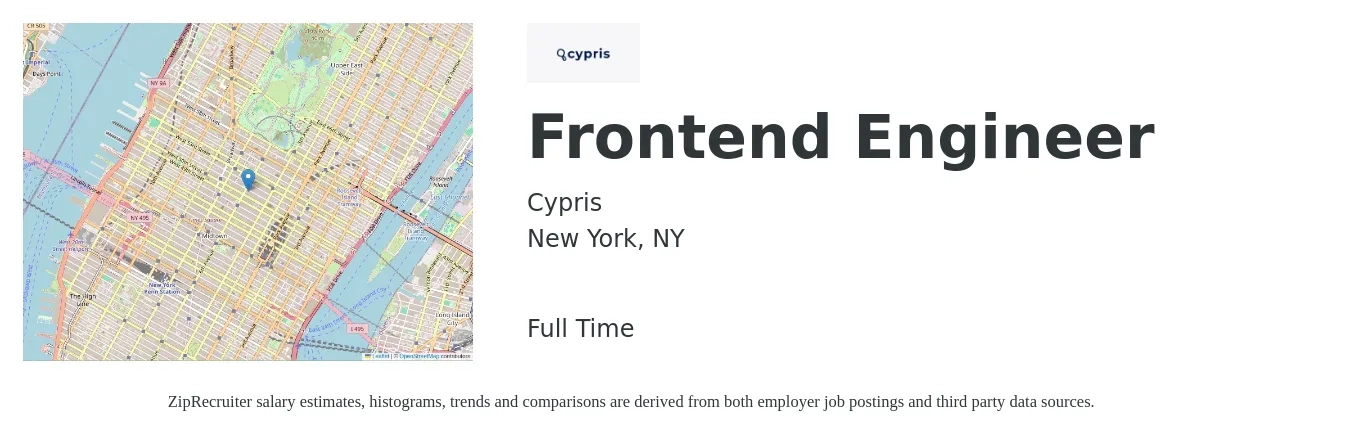 Cypris job posting for a Frontend Engineer in New York, NY with a salary of $123,600 to $176,700 Yearly with a map of New York location.