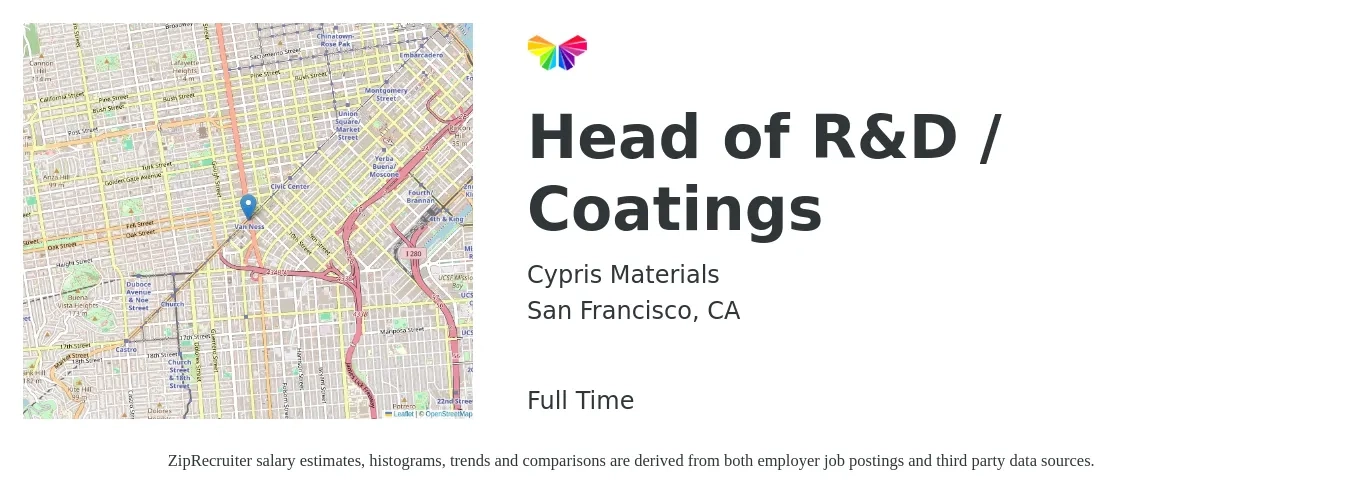 Cypris Materials job posting for a Head of R&D / Coatings in San Francisco, CA with a map of San Francisco location.