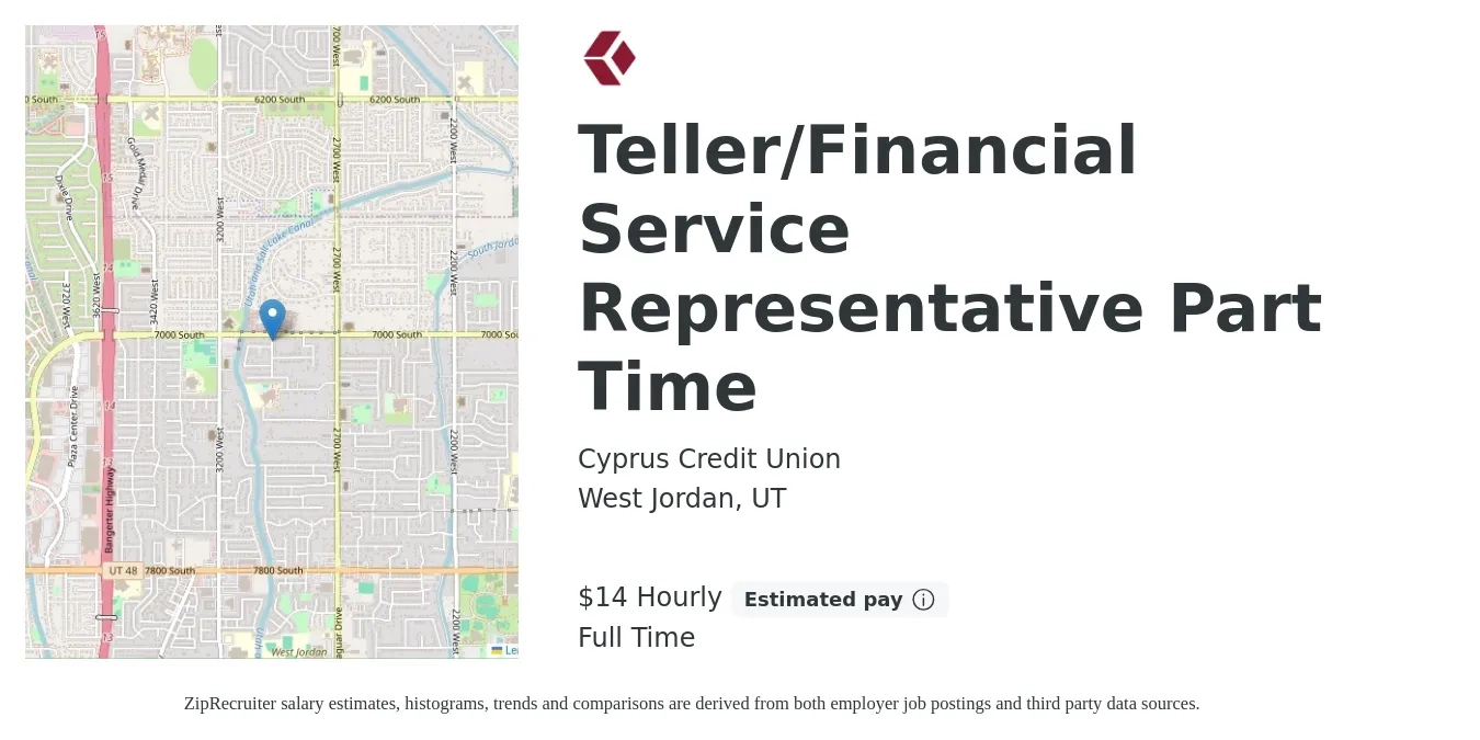 Cyprus Credit Union job posting for a Teller/Financial Service Representative Part Time in West Jordan, UT with a salary of $15 Hourly with a map of West Jordan location.