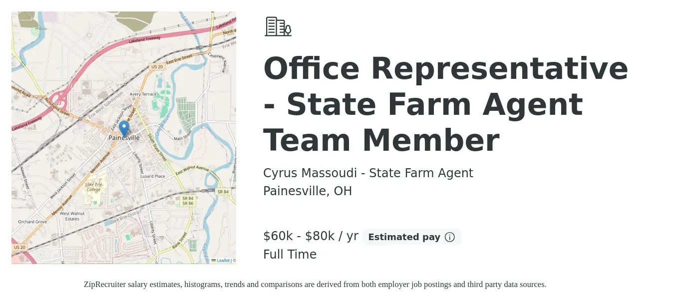 Cyrus Massoudi - State Farm Agent job posting for a Office Representative - State Farm Agent Team Member in Painesville, OH with a salary of $60,000 to $80,000 Yearly with a map of Painesville location.