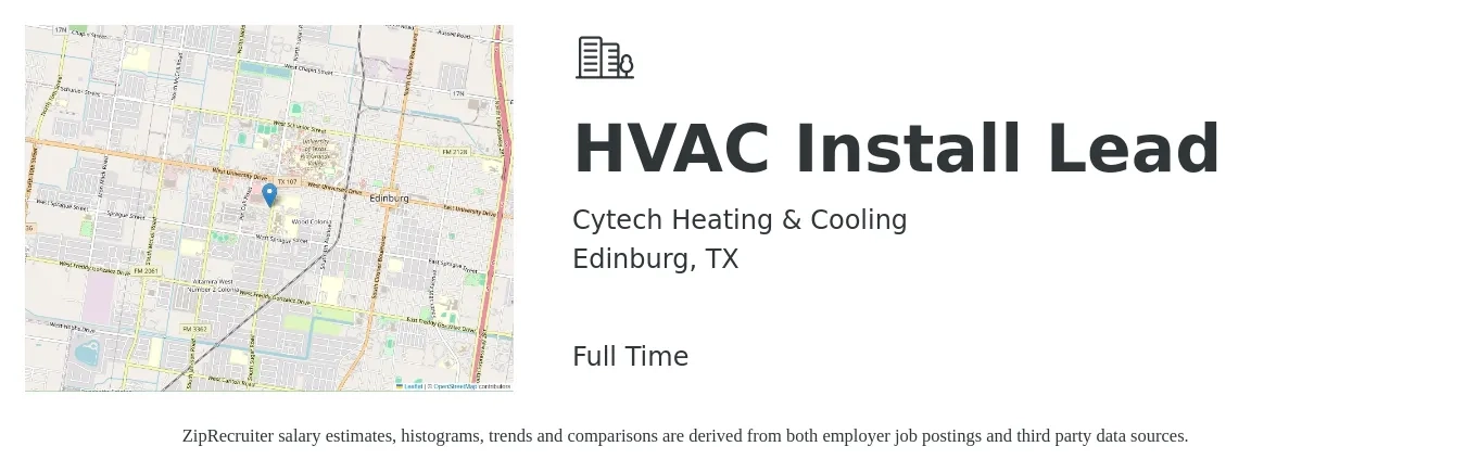 Cytech Heating & Cooling job posting for a HVAC Install Lead in Edinburg, TX with a salary of $16 to $24 Hourly with a map of Edinburg location.