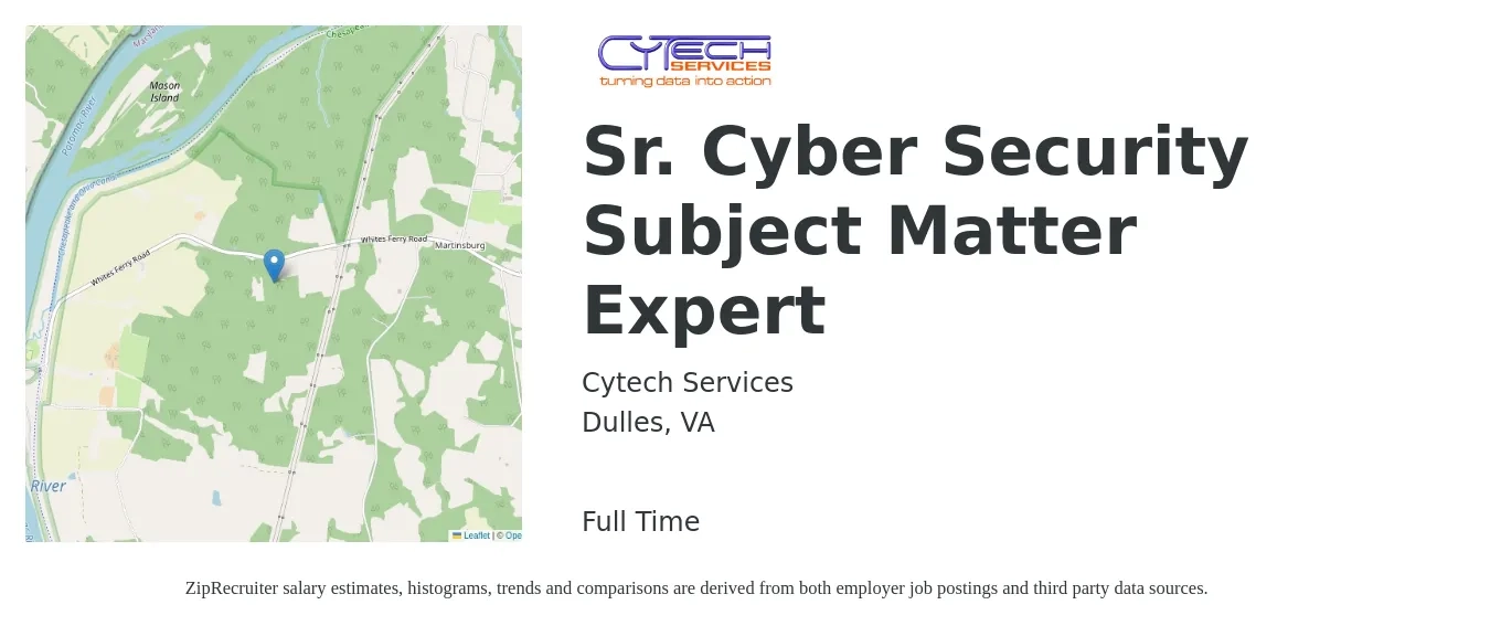 Cytech Services job posting for a Sr. Cyber Security Subject Matter Expert in Dulles, VA with a salary of $99,000 to $127,700 Yearly with a map of Dulles location.