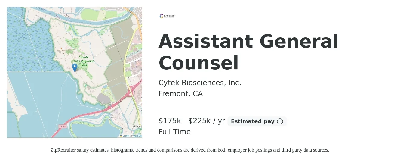 Cytek Biosciences, Inc. job posting for a Assistant General Counsel in Fremont, CA with a salary of $175,000 to $225,000 Yearly with a map of Fremont location.