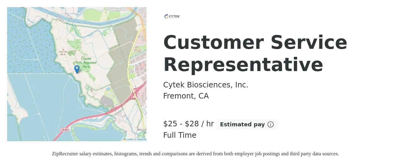Cytek Biosciences, Inc. job posting for a Customer Service Representative in Fremont, CA with a salary of $26 to $30 Hourly with a map of Fremont location.