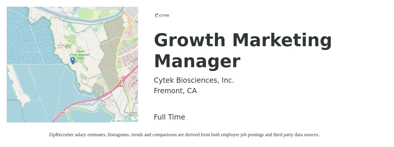 Cytek Biosciences, Inc. job posting for a Growth Marketing Manager in Fremont, CA with a salary of $71,100 to $116,100 Yearly with a map of Fremont location.