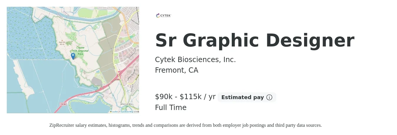 Cytek Biosciences, Inc. job posting for a Sr Graphic Designer in Fremont, CA with a salary of $90,000 to $115,000 Yearly with a map of Fremont location.