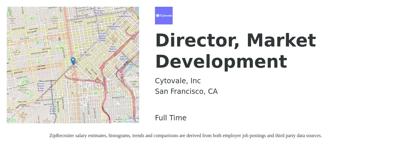 Cytovale, Inc job posting for a Director, Market Development in San Francisco, CA with a salary of $87,300 to $155,400 Yearly with a map of San Francisco location.