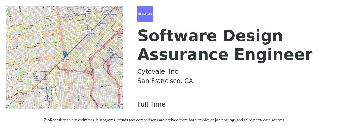 Cytovale, Inc job posting for a Software Design Assurance Engineer in San Francisco, CA with a salary of $46 to $67 Hourly with a map of San Francisco location.