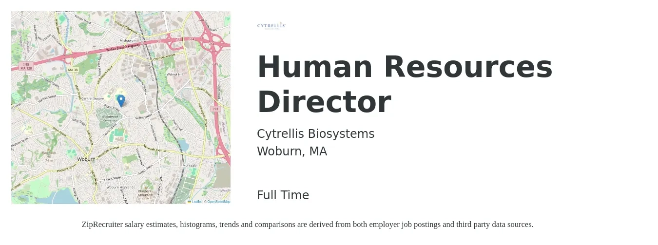 Cytrellis Biosystems job posting for a Human Resources Director in Woburn, MA with a salary of $94,500 to $145,700 Yearly with a map of Woburn location.