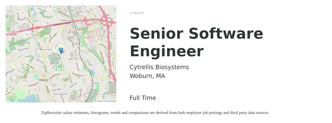 Cytrellis Biosystems job posting for a Senior Software Engineer in Woburn, MA with a salary of $130,800 to $172,400 Yearly with a map of Woburn location.