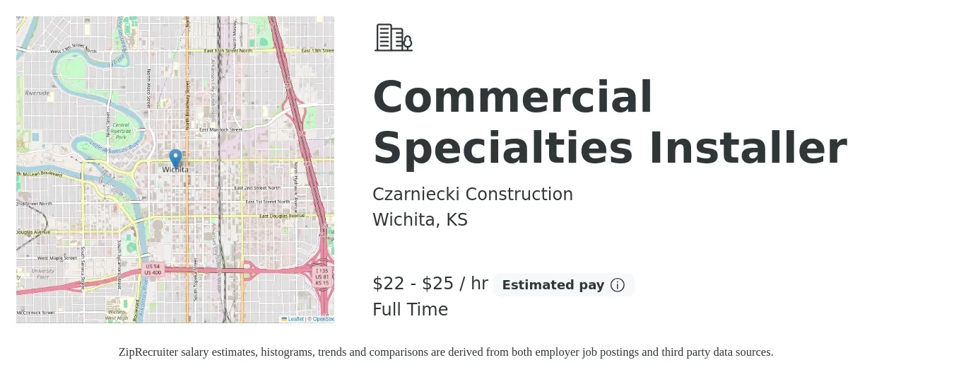 Czarniecki Construction job posting for a Commercial Specialties Installer in Wichita, KS with a salary of $23 to $26 Hourly with a map of Wichita location.