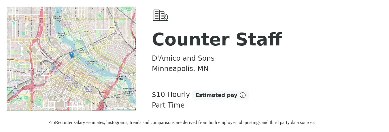 D'Amico and Sons job posting for a Counter Staff in Minneapolis, MN with a salary of $11 Hourly with a map of Minneapolis location.
