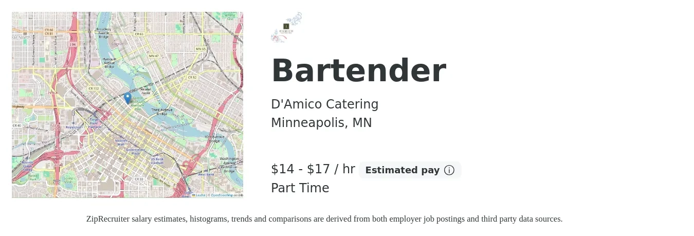 D'Amico Catering job posting for a Bartender in Minneapolis, MN with a salary of $15 to $18 Hourly with a map of Minneapolis location.