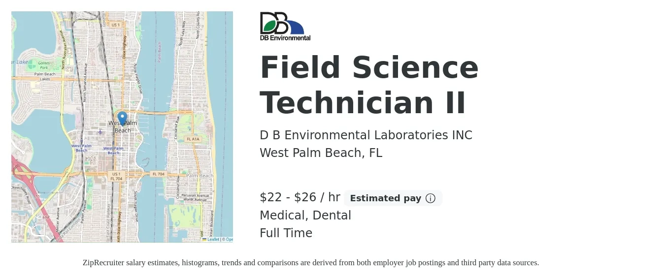 D B Environmental Laboratories INC job posting for a Field Science Technician II in West Palm Beach, FL with a salary of $23 to $28 Hourly and benefits including dental, life_insurance, medical, pto, and retirement with a map of West Palm Beach location.