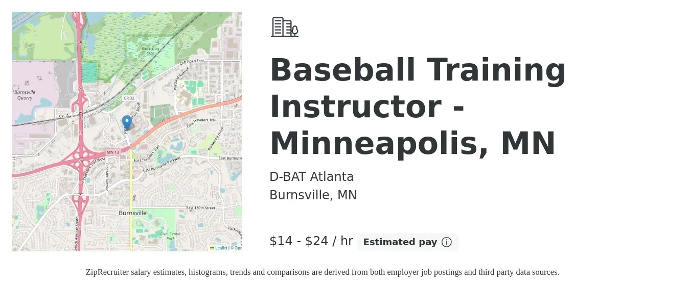 D-BAT Atlanta job posting for a Baseball Training Instructor - Minneapolis, MN in Burnsville, MN with a salary of $15 to $25 Hourly with a map of Burnsville location.