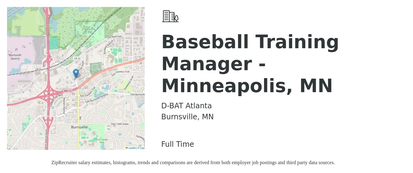 D-BAT Atlanta job posting for a Baseball Training Manager - Minneapolis, MN in Burnsville, MN with a salary of $40,000 to $46,000 Yearly with a map of Burnsville location.