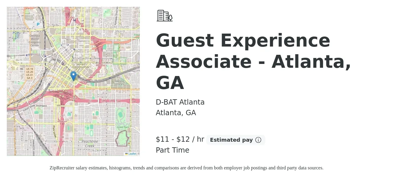 D-BAT Atlanta job posting for a Guest Experience Associate - Atlanta, GA in Atlanta, GA with a salary of $12 to $13 Hourly with a map of Atlanta location.
