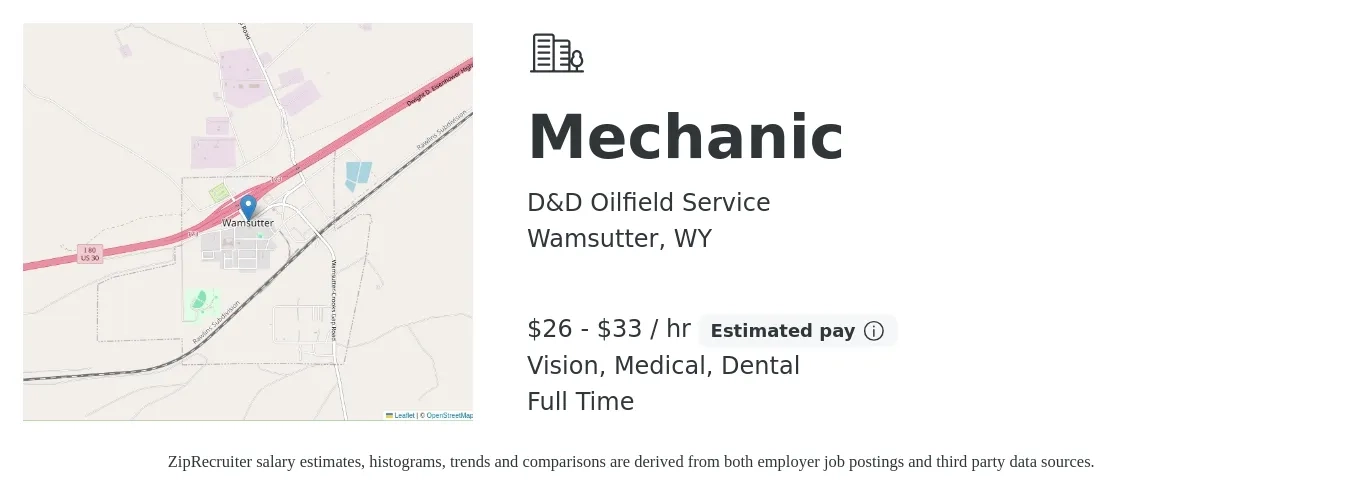 D&D Oilfield Service job posting for a Mechanic in Wamsutter, WY with a salary of $28 to $35 Hourly and benefits including dental, life_insurance, medical, pto, retirement, and vision with a map of Wamsutter location.