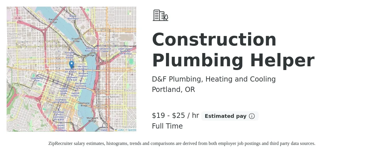 D&F Plumbing, Heating and Cooling job posting for a Construction Plumbing Helper in Portland, OR with a salary of $20 to $26 Hourly with a map of Portland location.