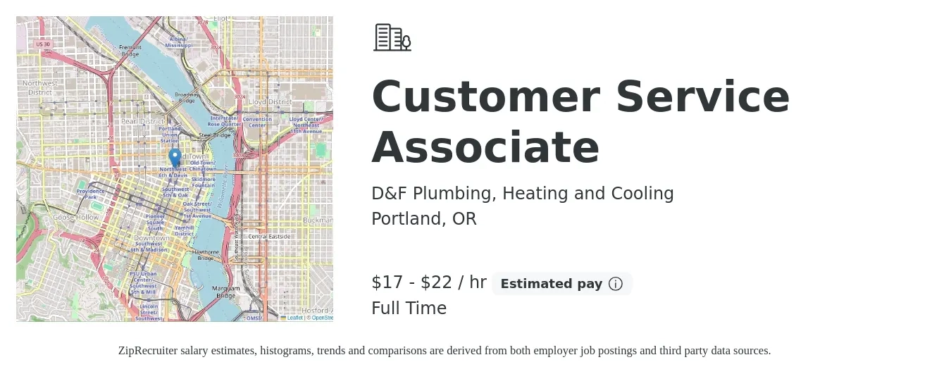 D&F Plumbing, Heating and Cooling job posting for a Customer Service Associate in Portland, OR with a salary of $18 to $23 Hourly with a map of Portland location.