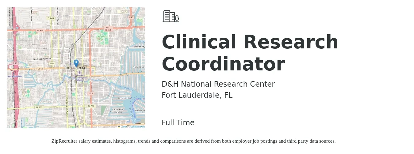D&H National Research Center job posting for a Clinical Research Coordinator in Fort Lauderdale, FL with a salary of $23 to $31 Hourly with a map of Fort Lauderdale location.