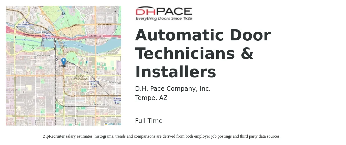 D.H. Pace Company, Inc. job posting for a Automatic Door Technicians & Installers in Tempe, AZ with a salary of $18 to $26 Hourly with a map of Tempe location.