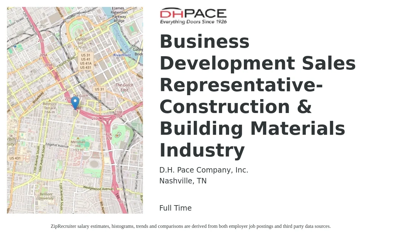 D.H. Pace Company, Inc. job posting for a Business Development Sales Representative-Construction & Building Materials Industry in Nashville, TN with a salary of $44,500 to $69,900 Yearly with a map of Nashville location.