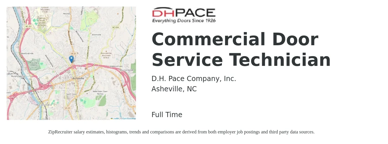D.H. Pace Company, Inc. job posting for a Commercial Door Service Technician in Asheville, NC with a salary of $20 to $29 Hourly with a map of Asheville location.