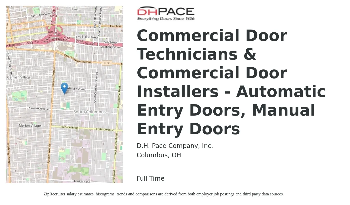 D.H. Pace Company, Inc. job posting for a Commercial Door Technicians & Commercial Door Installers - Automatic Entry Doors, Manual Entry Doors in Columbus, OH with a salary of $20 to $28 Hourly with a map of Columbus location.
