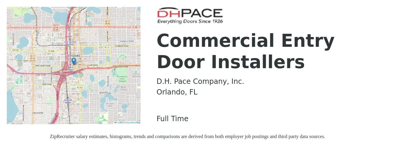 D.H. Pace Company, Inc. job posting for a Commercial Entry Door Installers in Orlando, FL with a salary of $19 to $27 Hourly with a map of Orlando location.