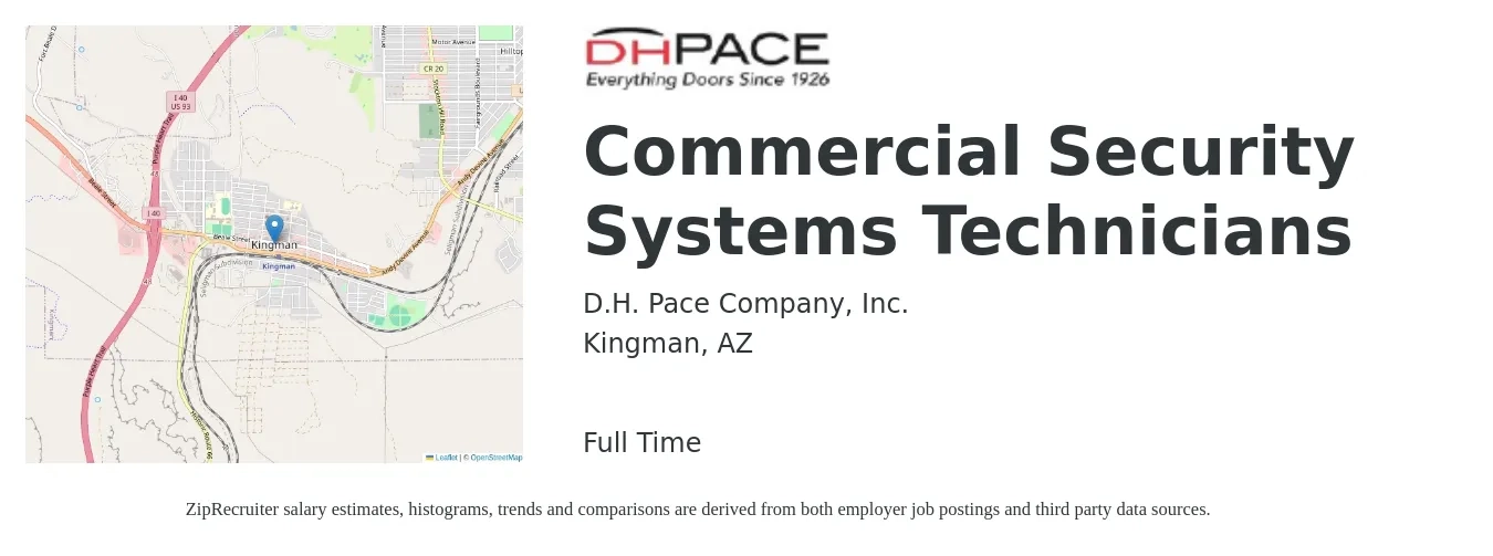D.H. Pace Company, Inc. job posting for a Commercial Security Systems Technicians in Kingman, AZ with a salary of $23 to $31 Hourly with a map of Kingman location.