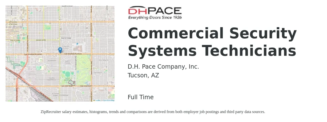 DH Pace Company, Inc. job posting for a Commercial Security Systems Technicians in Tucson, AZ with a salary of $22 to $30 Hourly with a map of Tucson location.