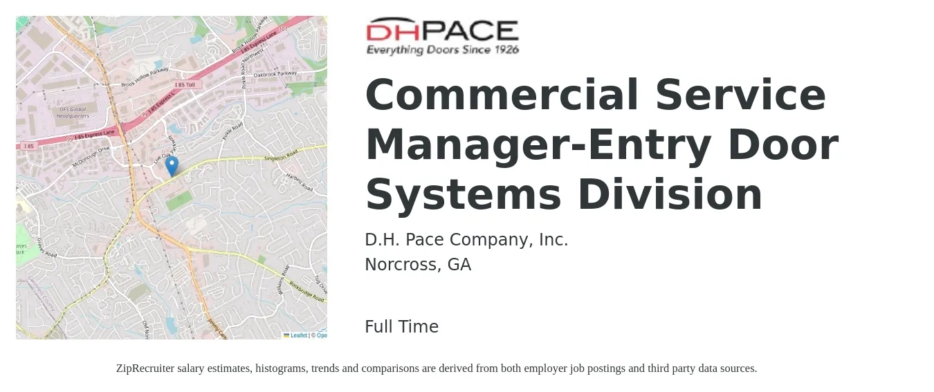 D.H. Pace Company, Inc. job posting for a Commercial Service Manager-Entry Door Systems Division in Norcross, GA with a salary of $33,800 to $79,700 Yearly with a map of Norcross location.
