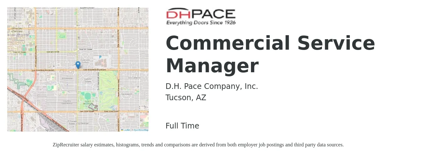 D.H. Pace Company, Inc. job posting for a Commercial Service Manager in Tucson, AZ with a salary of $30,900 to $73,100 Yearly with a map of Tucson location.
