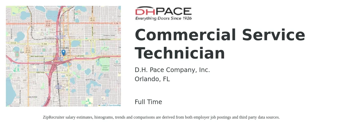 D.H. Pace Company, Inc. job posting for a Commercial Service Technician in Orlando, FL with a salary of $20 to $29 Hourly with a map of Orlando location.